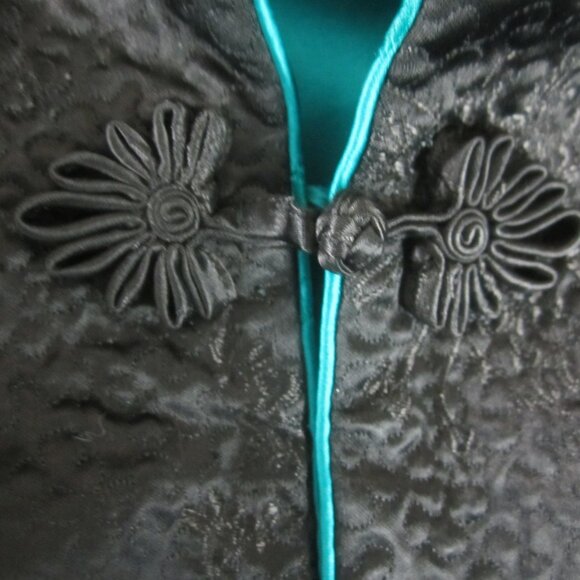 Vtg Solz Squirrel Womens M Turquoise Black Reversible Kimono Satin Jacket Blazer - Picture 9 of 13